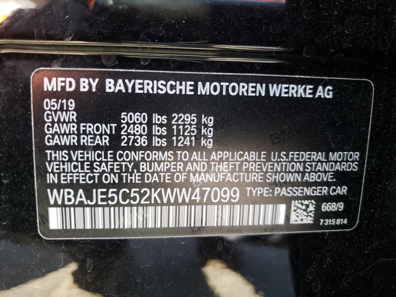 Photo 10 from auction – 2019 BMW 540 I with VIN WBAJE5C52KWW47099