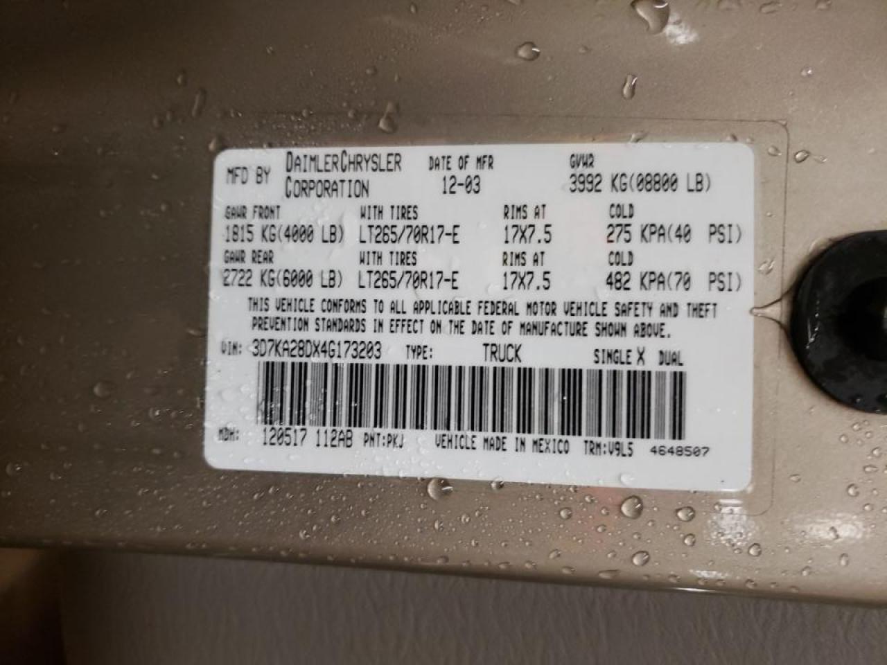 Photo 10 from auction – 2004 DODGE RAM 2500 S with VIN 3D7KA28DX4G173203