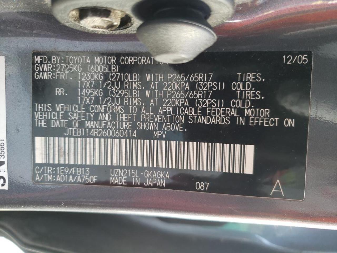 Photo 10 from auction – 2006 TOYOTA 4RUNNER SR with VIN JTEBT14R260060414