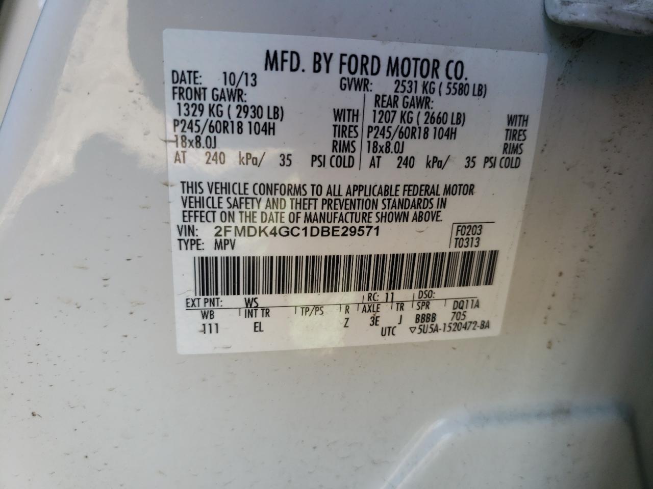 Photo 10 from auction – 2013 FORD EDGE SE with VIN 2FMDK4GC1DBE29571