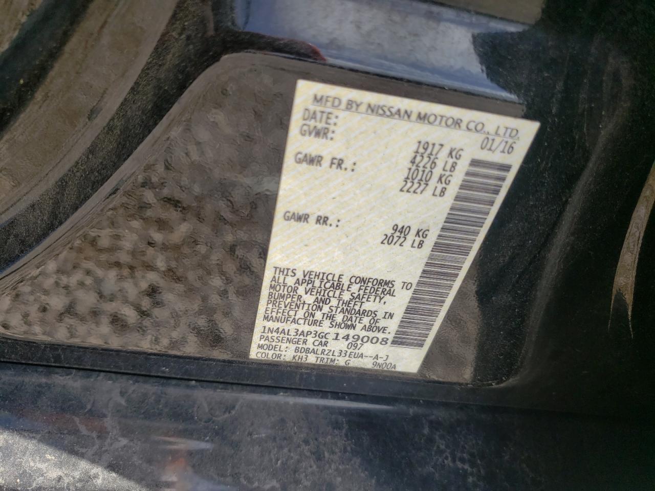 Photo 10 from auction – 2016 NISSAN ALTIMA 2.5 with VIN 1N4AL3AP3GC149008