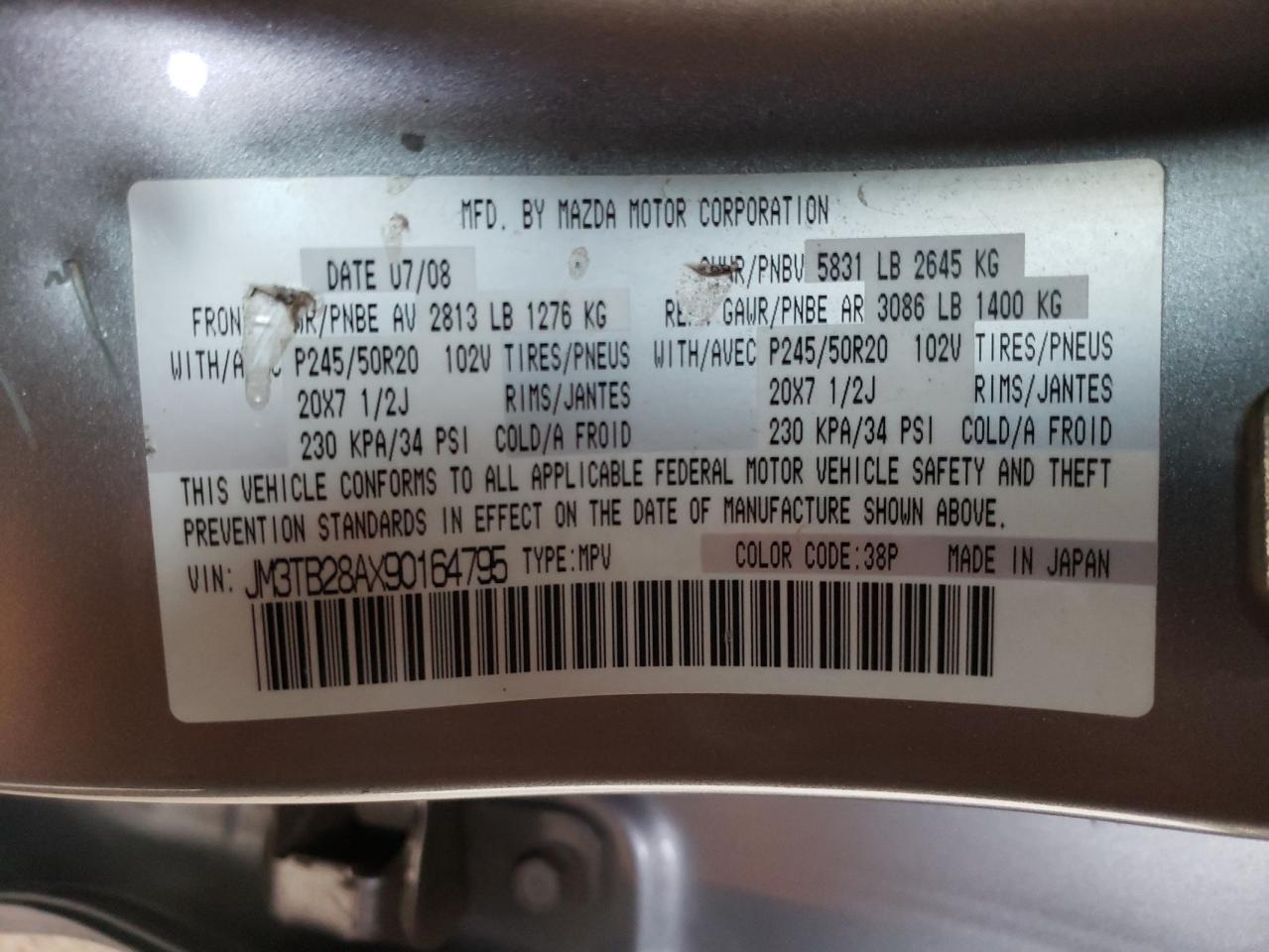 Photo 10 from auction – 2009 MAZDA CX-9 with VIN JM3TB28AX90164795