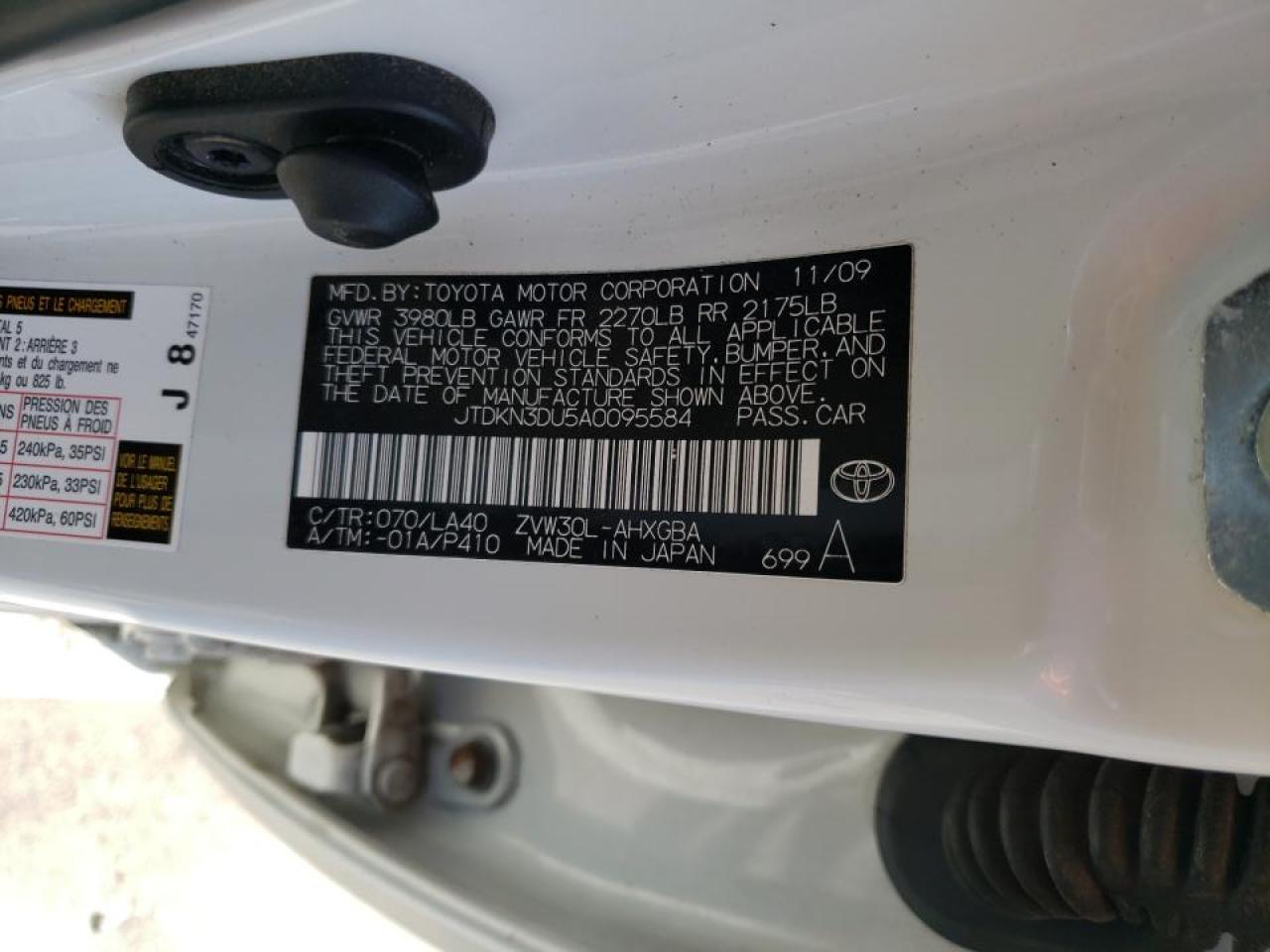 Photo 10 from auction – 2010 TOYOTA PRIUS with VIN JTDKN3DU5A0095584
