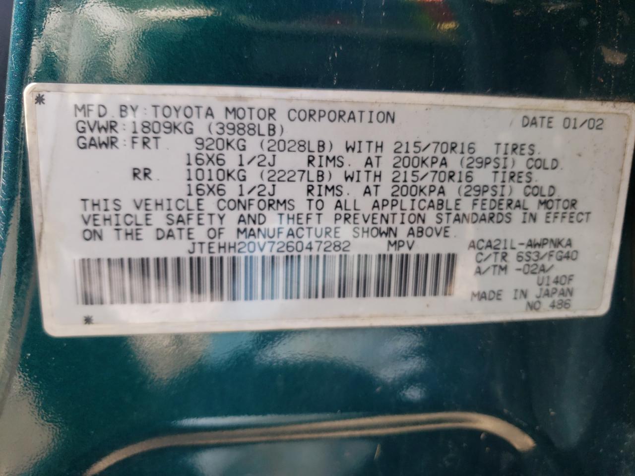 Photo 10 from auction – 2002 TOYOTA RAV4 with VIN JTEHH20V726047282