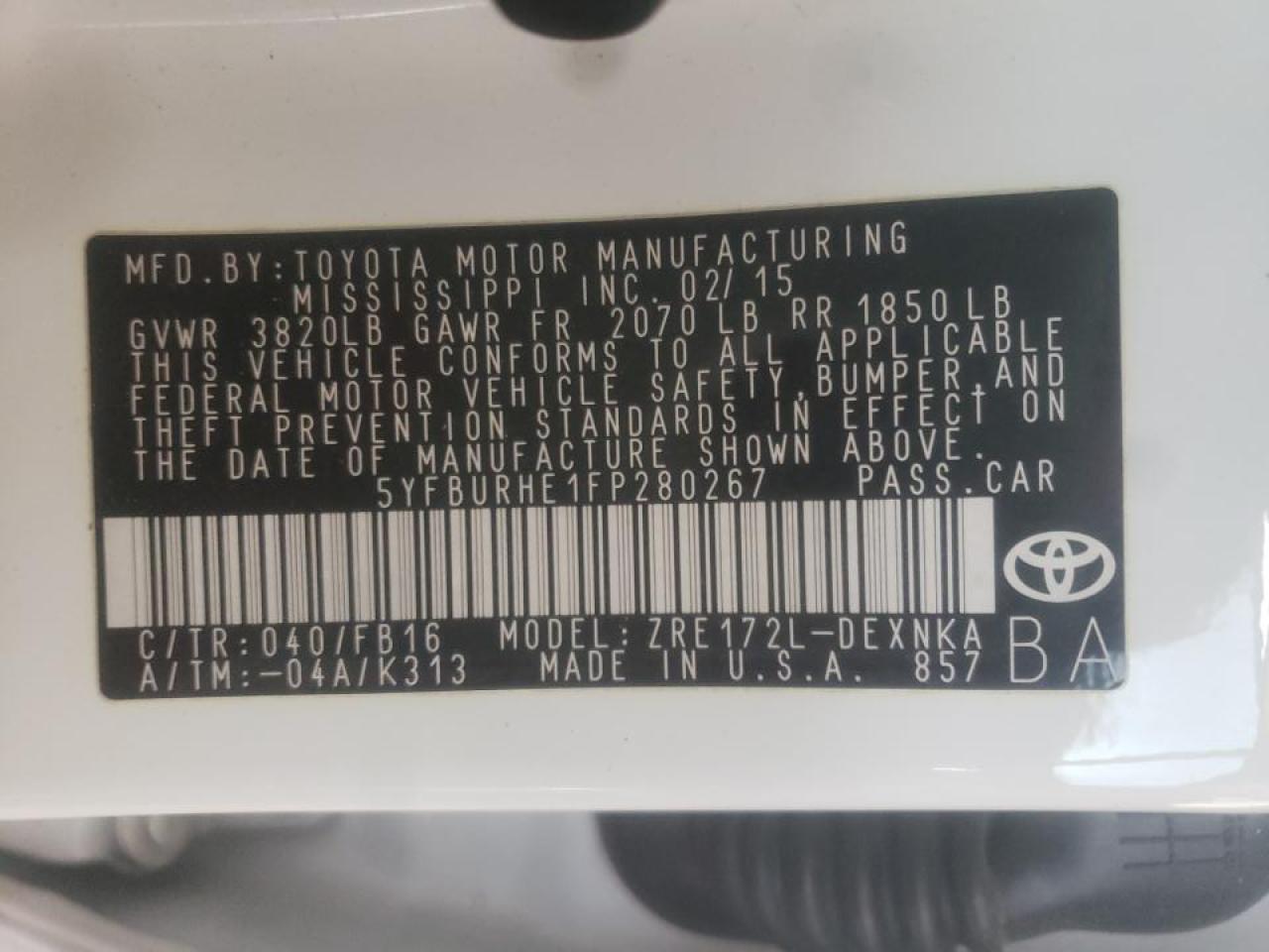 Photo 10 from auction – 2015 TOYOTA COROLLA L with VIN 5YFBURHE1FP280267
