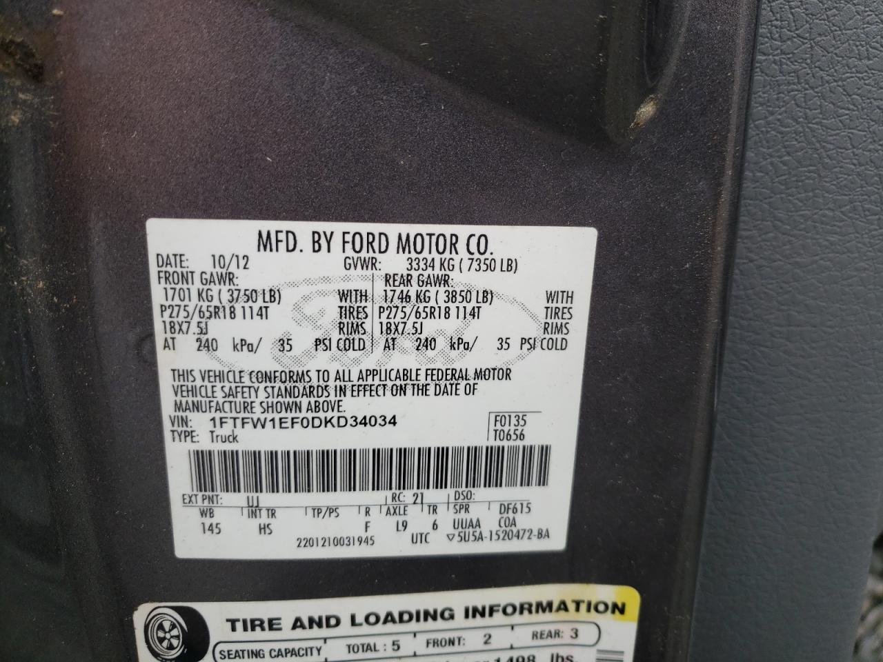 Photo 10 from auction – 2013 FORD F150 SUPER with VIN 1FTFW1EF0DKD34034