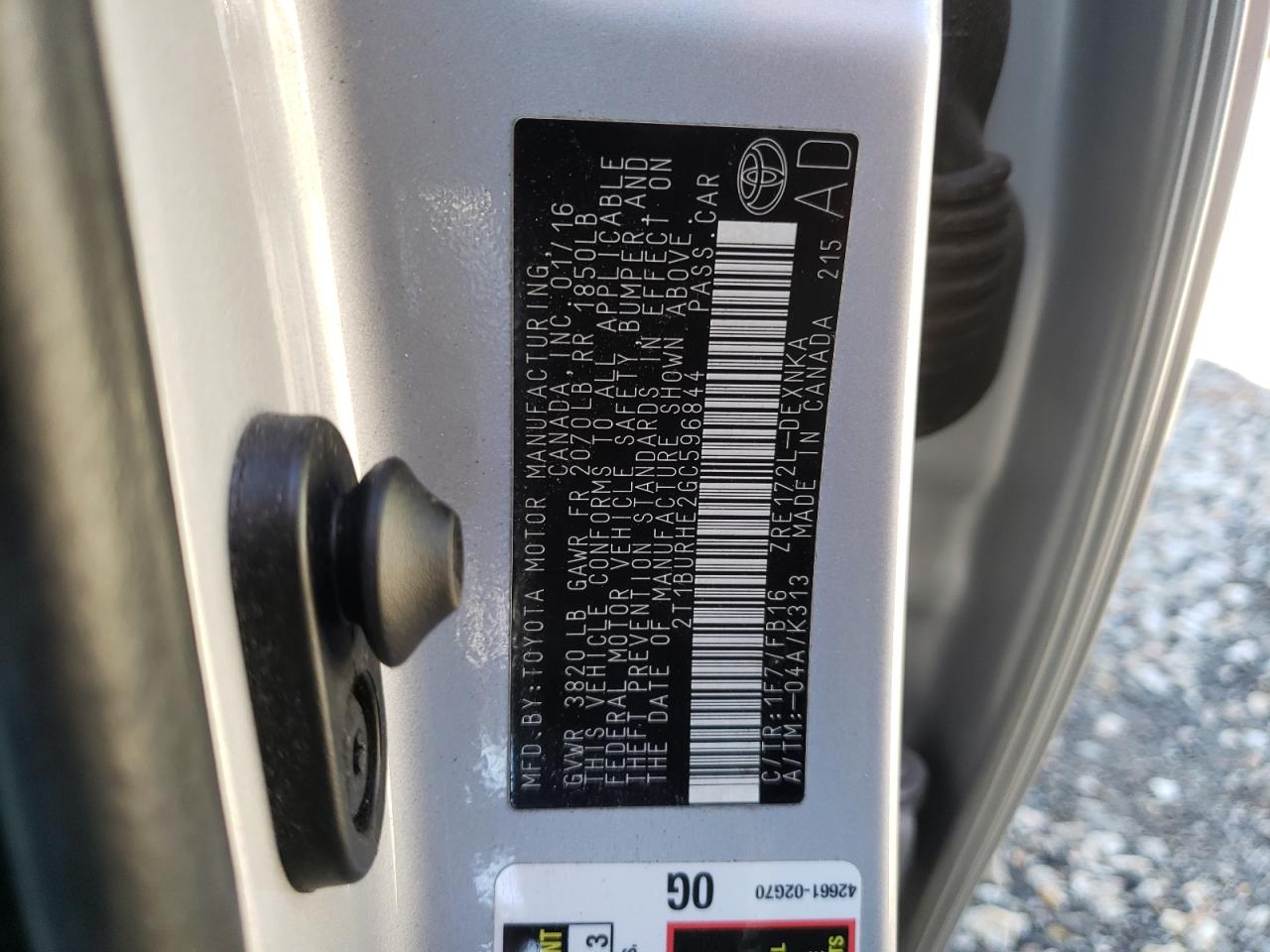 Photo 10 from auction – 2016 TOYOTA COROLLA L with VIN 2T1BURHE2GC596844