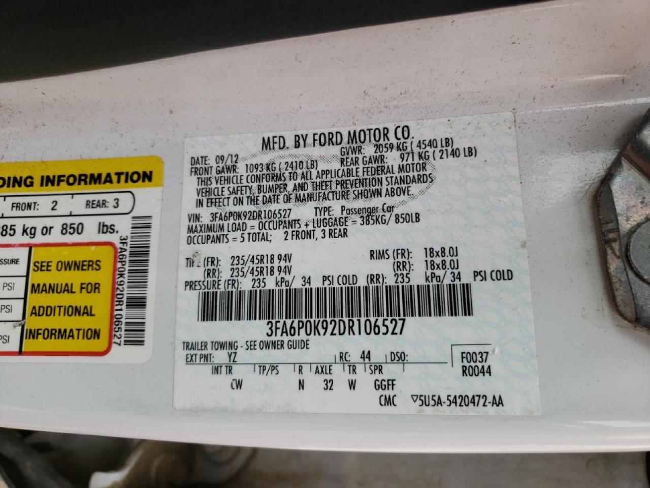 Photo 10 from auction – 2013 FORD FUSION TIT with VIN 3FA6P0K92DR106527