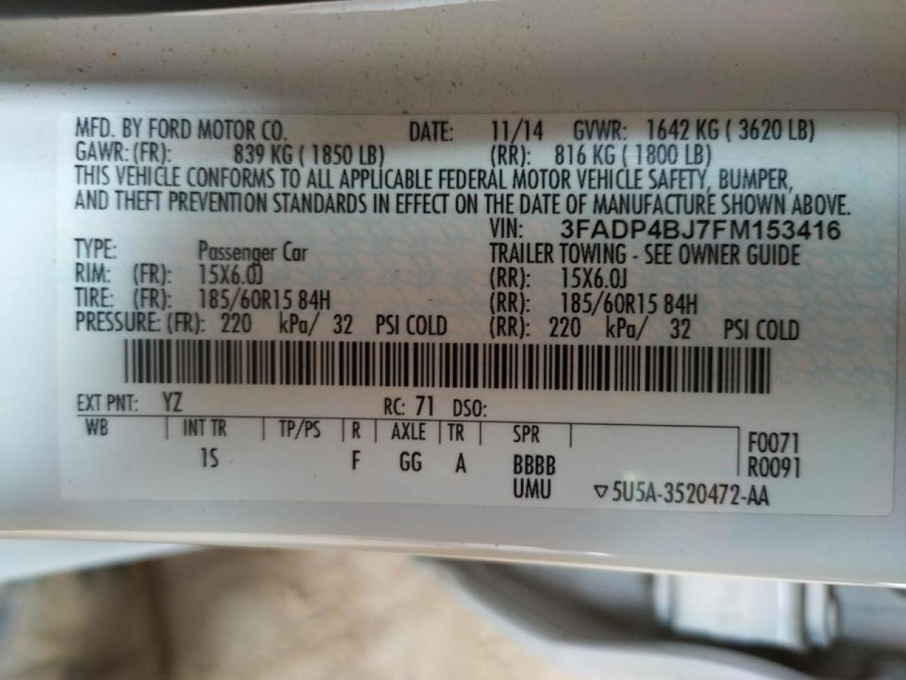 Photo 10 from auction – 2015 FORD FIESTA SE with VIN 3FADP4BJ7FM153416