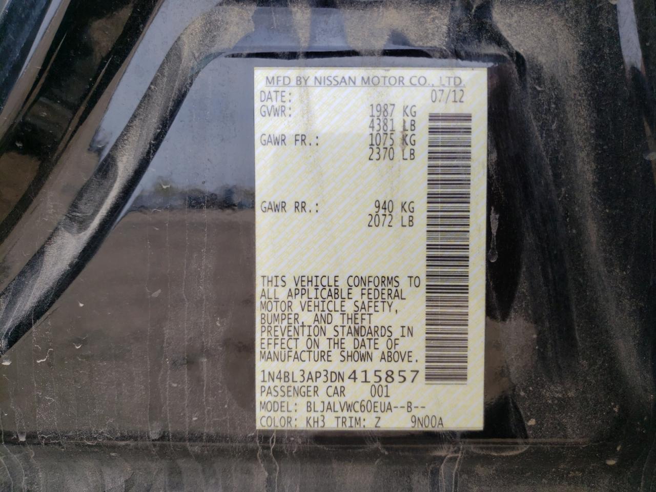 Photo 10 from auction – 2013 NISSAN ALTIMA 3.5 with VIN 1N4BL3AP3DN415857