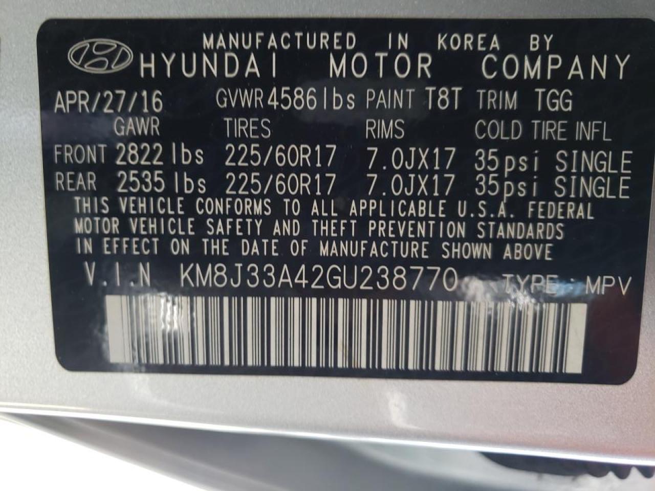 Photo 10 from auction – 2016 HYUNDAI TUCSON LIM with VIN KM8J33A42GU238770