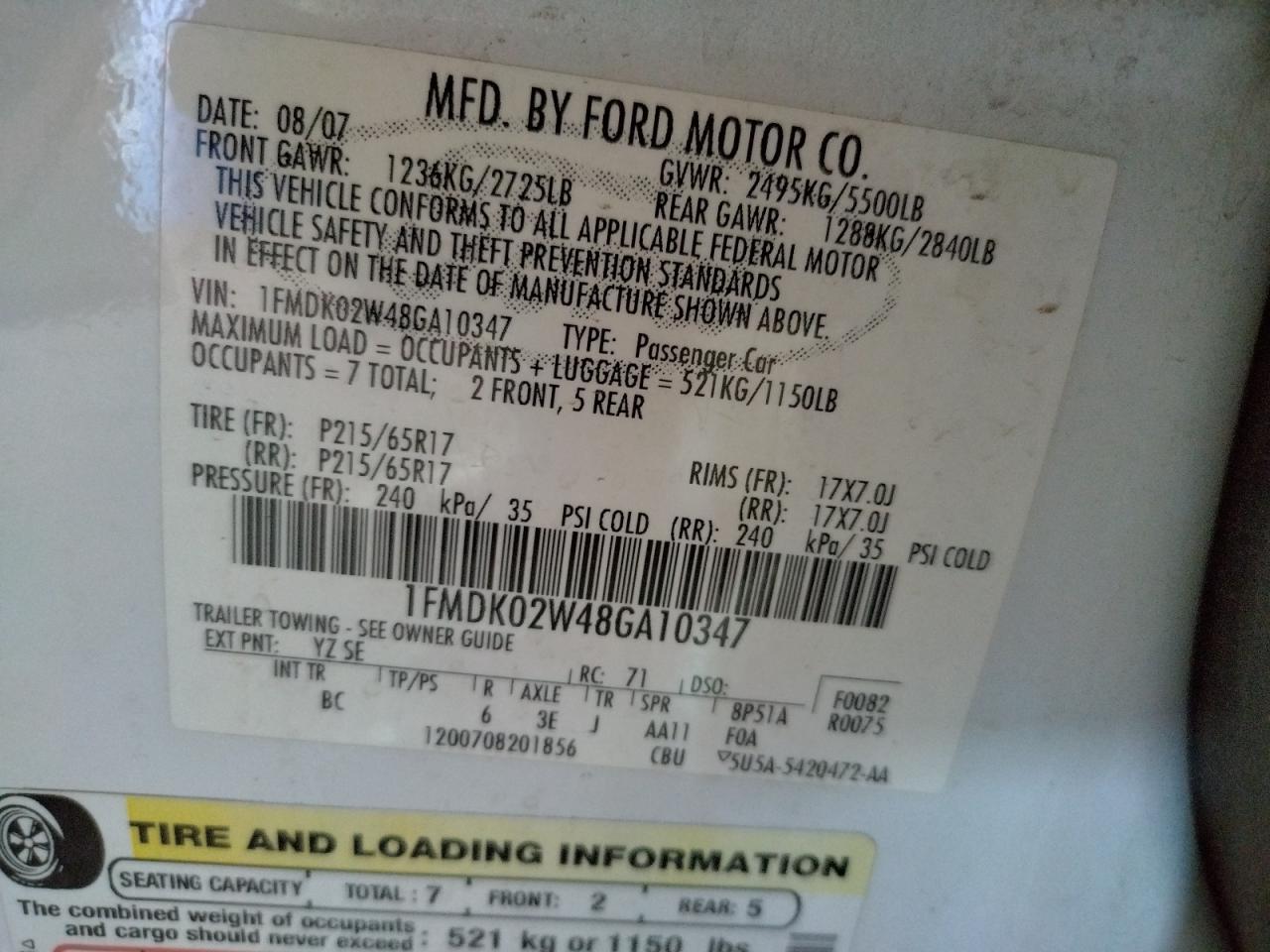 Photo 10 from auction – 2008 FORD TAURUS X S with VIN 1FMDK02W48GA10347