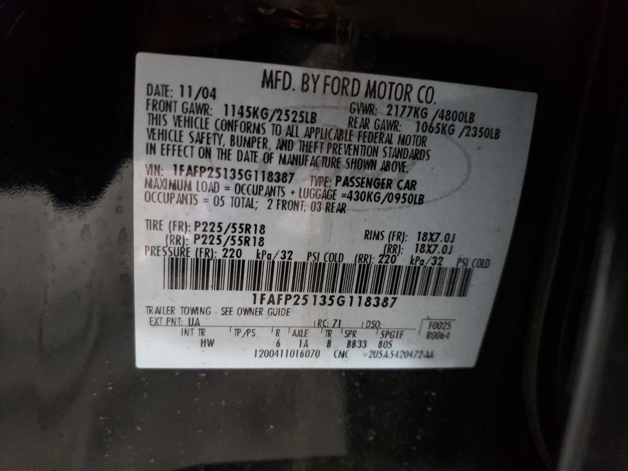 Photo 10 from auction – 2005 FORD FIVE HUNDR with VIN 1FAFP25135G118387