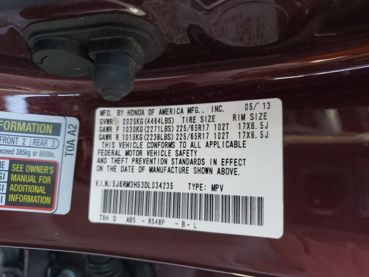Photo 10 from auction – 2013 HONDA CR-V EX with VIN 5J6RM3H53DL034235