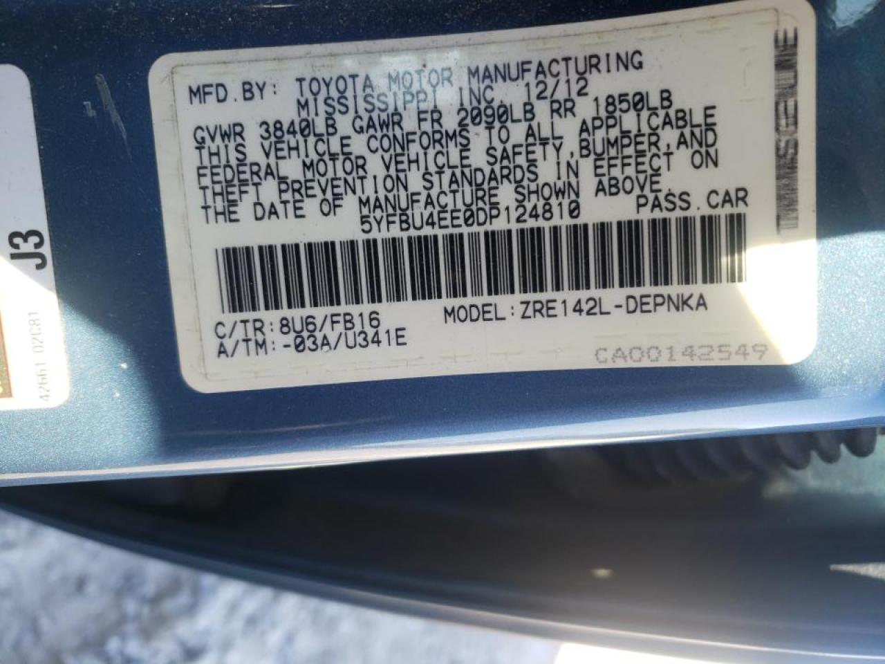 Photo 10 from auction – 2013 TOYOTA COROLLA BA with VIN 5YFBU4EE0DP124810