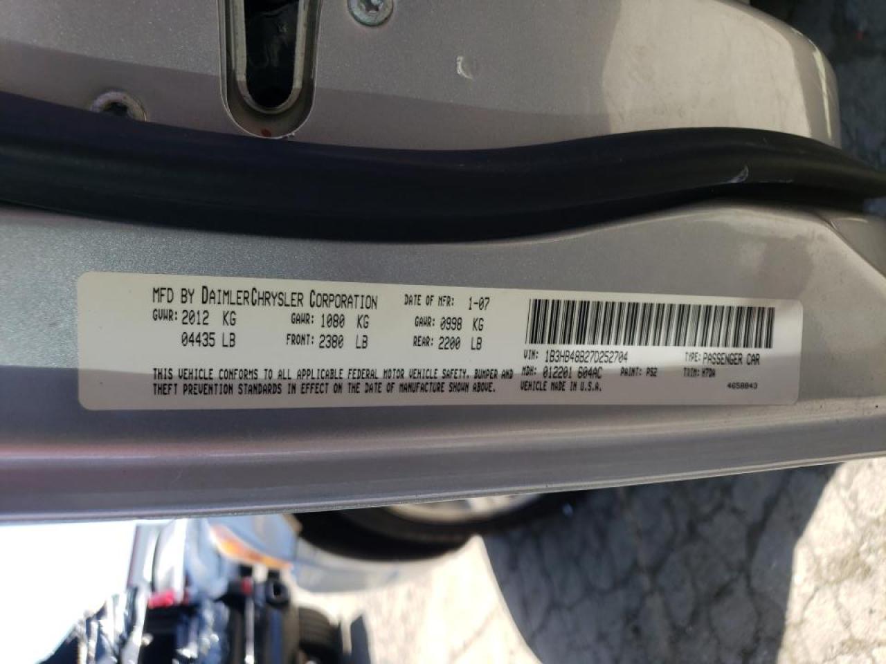 Photo 10 from auction – 2007 DODGE CALIBER SX with VIN 1B3HB48B27D252704