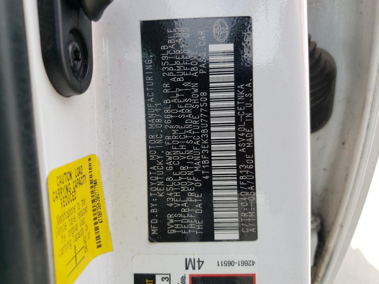 Photo 10 from auction – 2011 TOYOTA CAMRY BASE with VIN 4T1BF3EK3BU777508