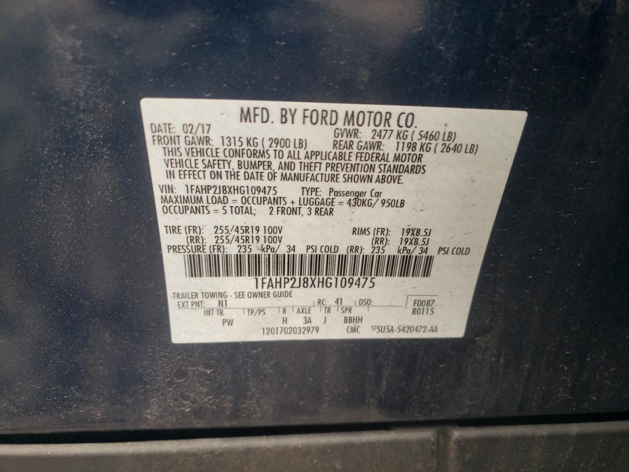 Photo 10 from auction – 2017 FORD TAURUS LIM with VIN 1FAHP2J8XHG109475