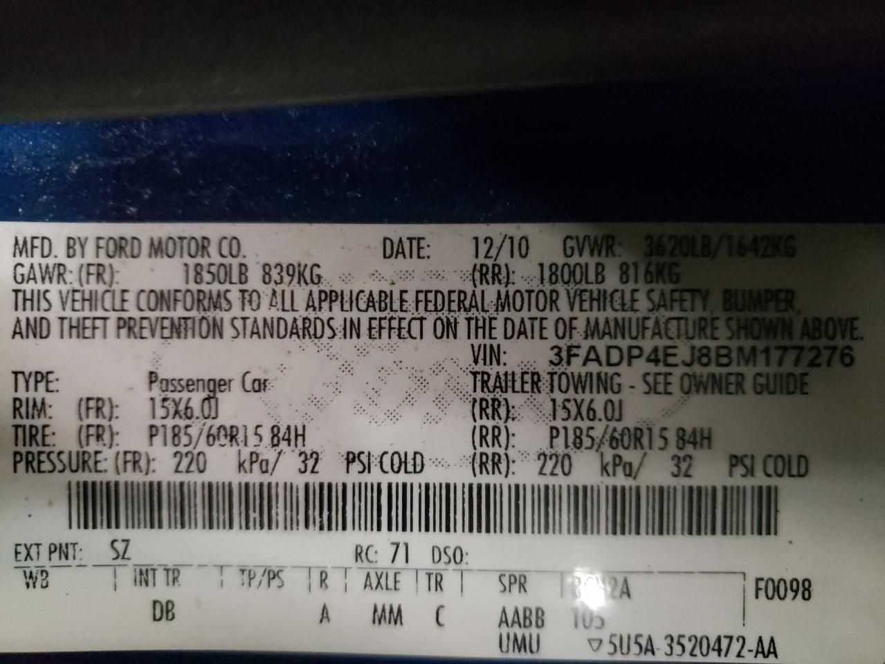 Photo 10 from auction – 2011 FORD FIESTA SE with VIN 3FADP4EJ8BM177276