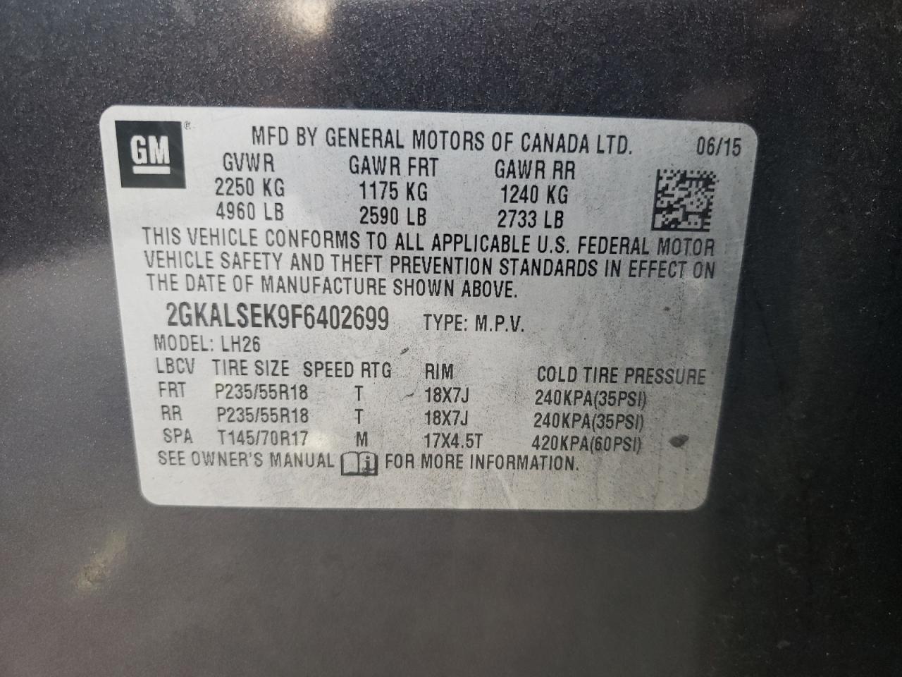 Photo 10 from auction – 2015 GMC TERRAIN SL with VIN 2GKALSEK9F6402699