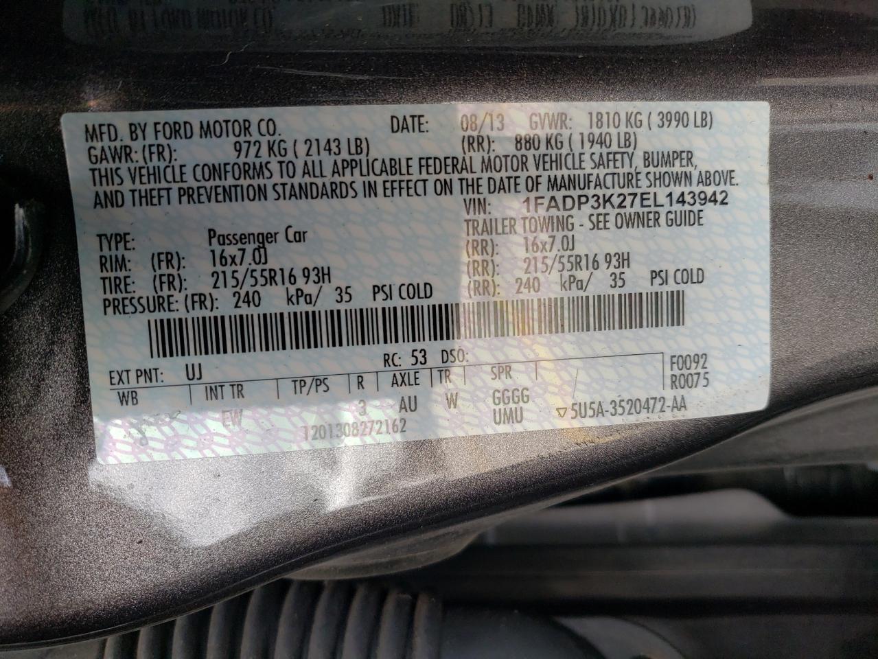 Photo 10 from auction – 2014 FORD FOCUS SE with VIN 1FADP3K27EL143942