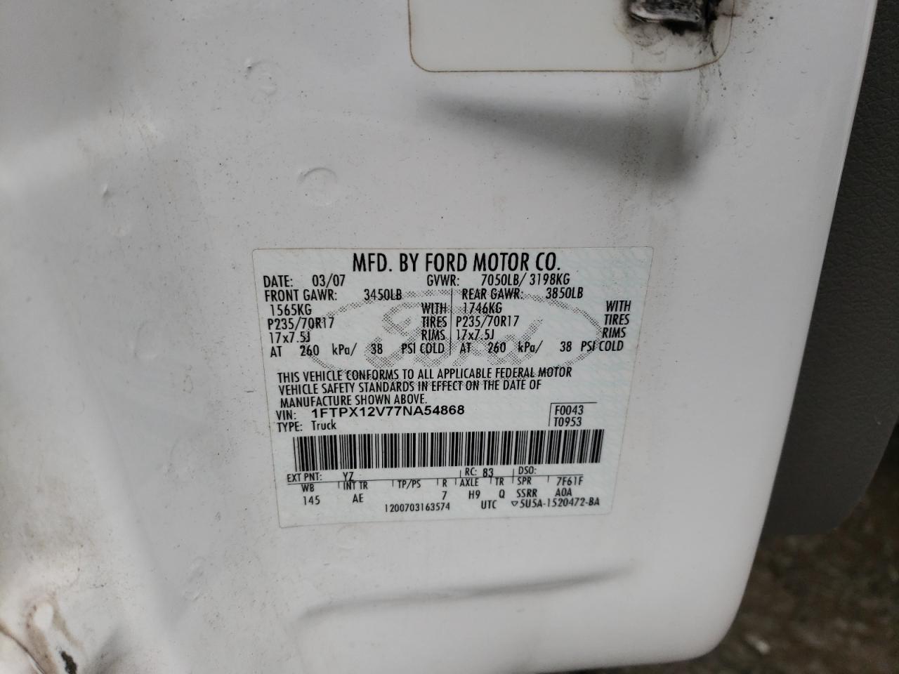 Photo 10 from auction – 2007 FORD F150 with VIN 1FTPX12V77NA54868