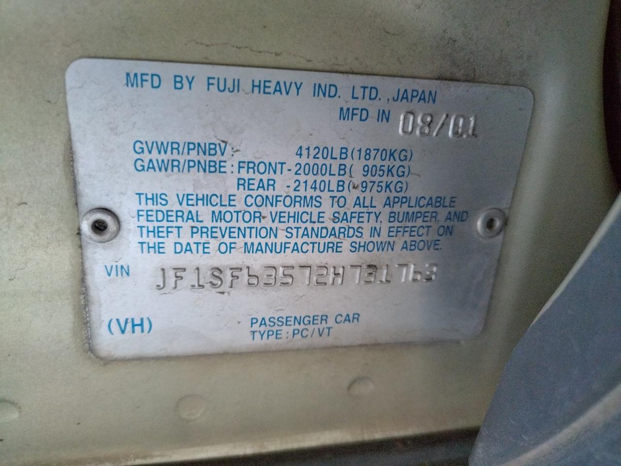 Photo 10 from auction – 2002 SUBARU FORESTER L with VIN JF1SF63572H731763