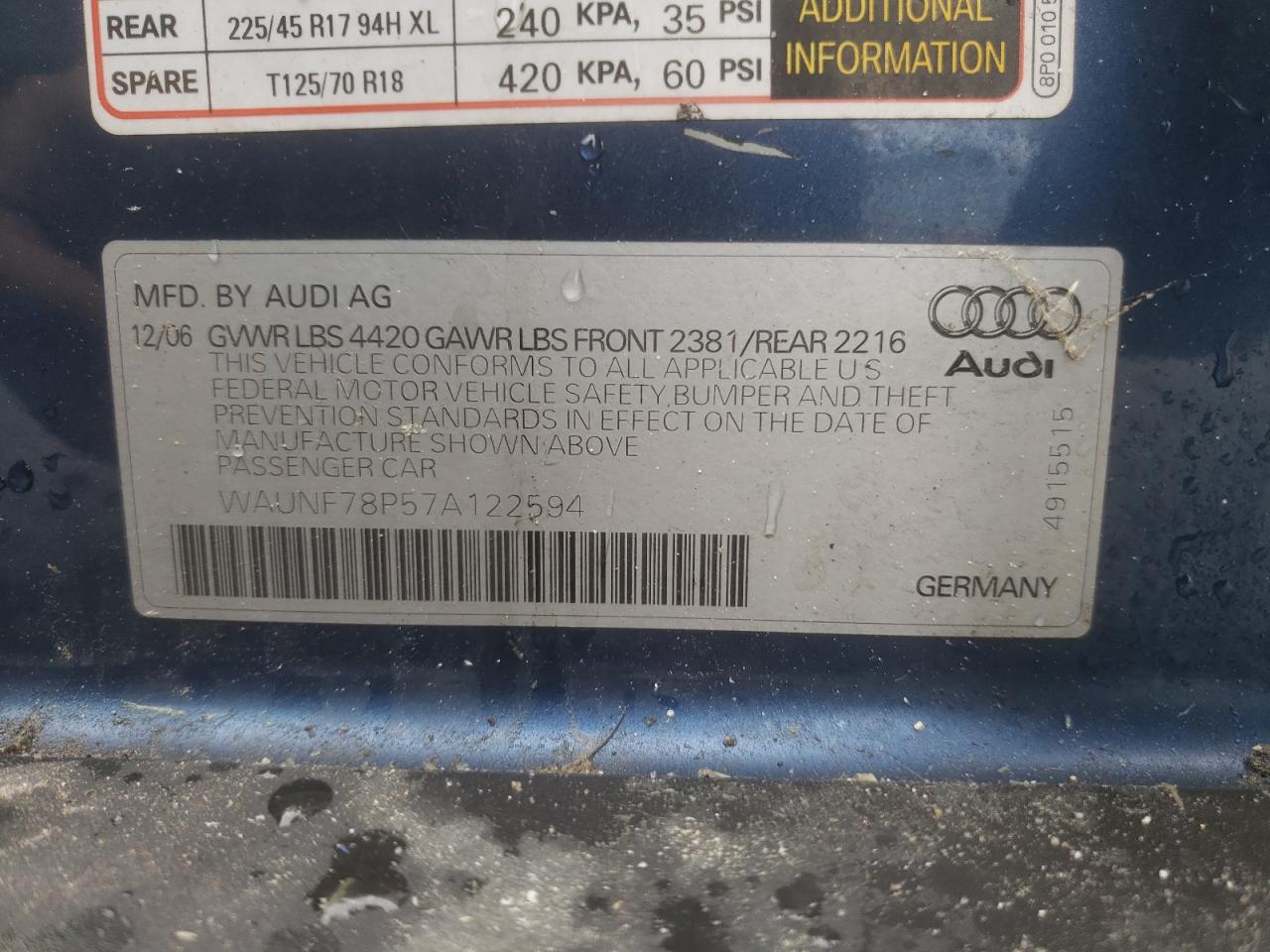 Photo 10 from auction – 2007 AUDI A3 2.0 PRE with VIN WAUNF78P57A122594