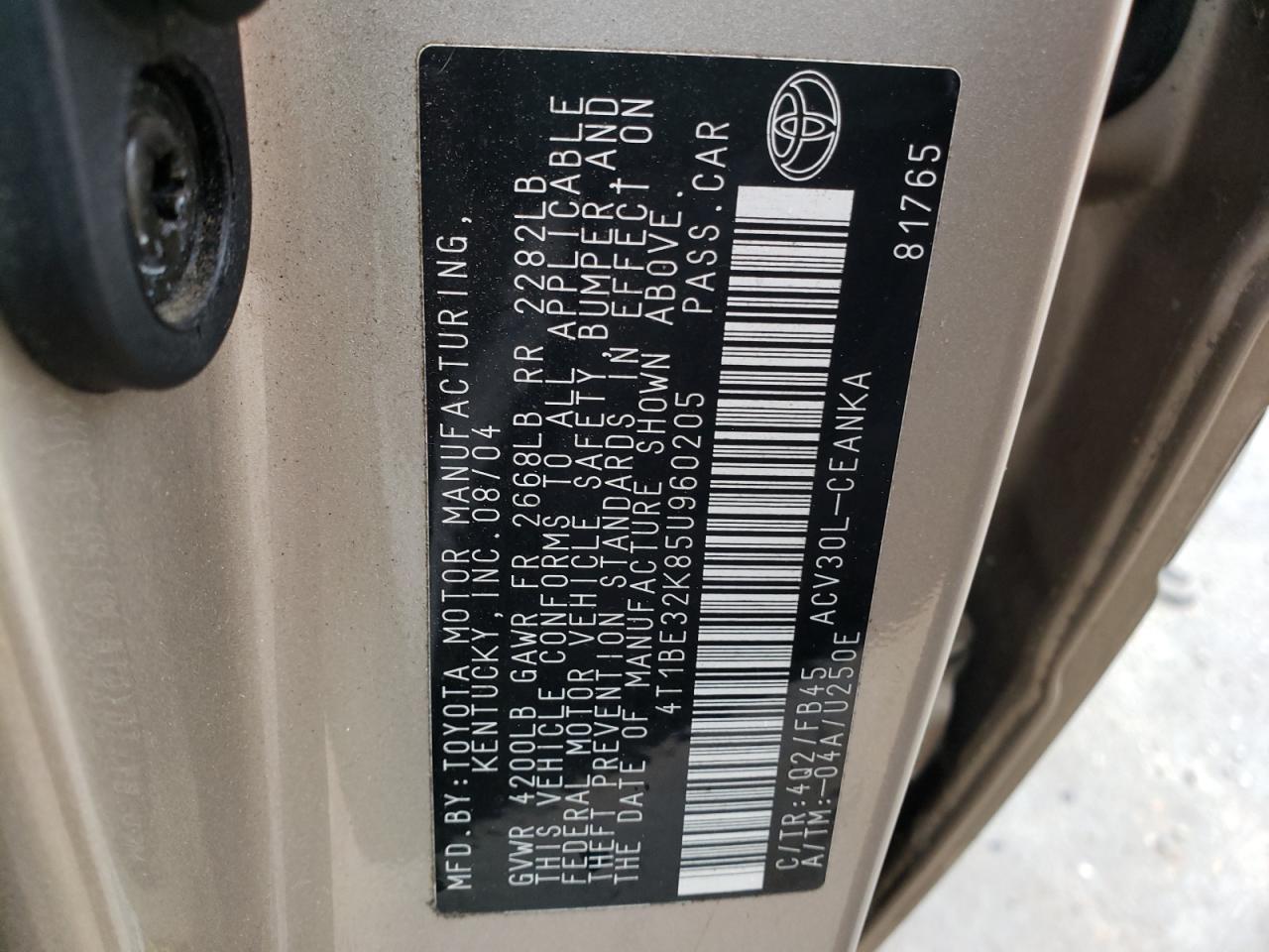Photo 10 from auction – 2005 TOYOTA CAMRY LE with VIN 4T1BE32K85U960205