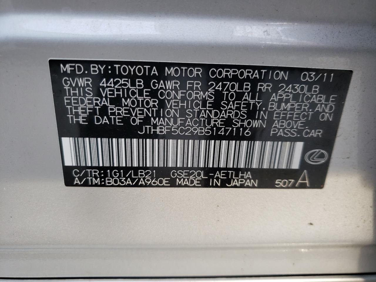 Photo 10 from auction – 2011 LEXUS IS 250 with VIN JTHBF5C29B5147116