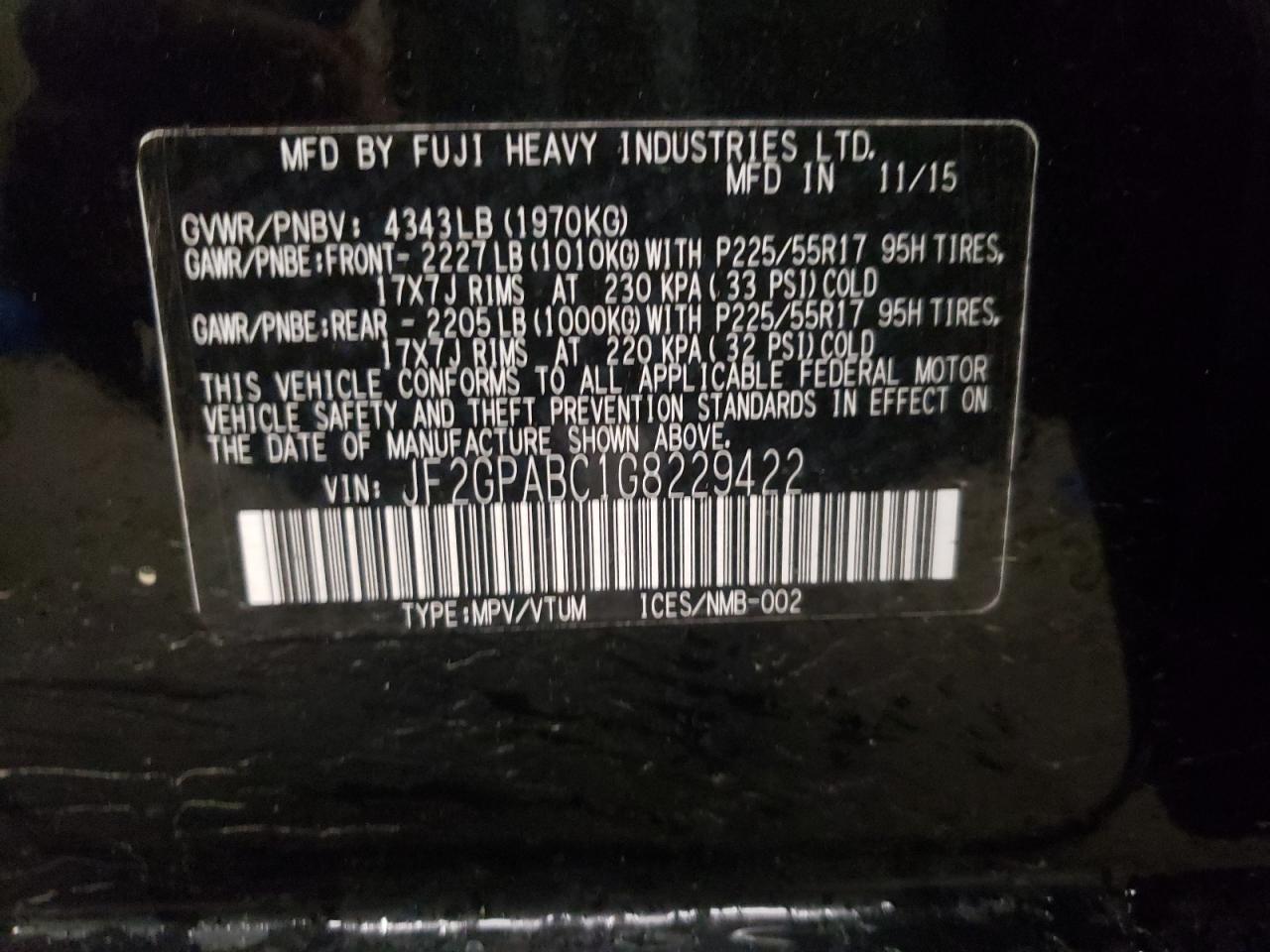 Photo 10 from auction – 2016 SUBARU CROSSTREK with VIN JF2GPABC1G8229422