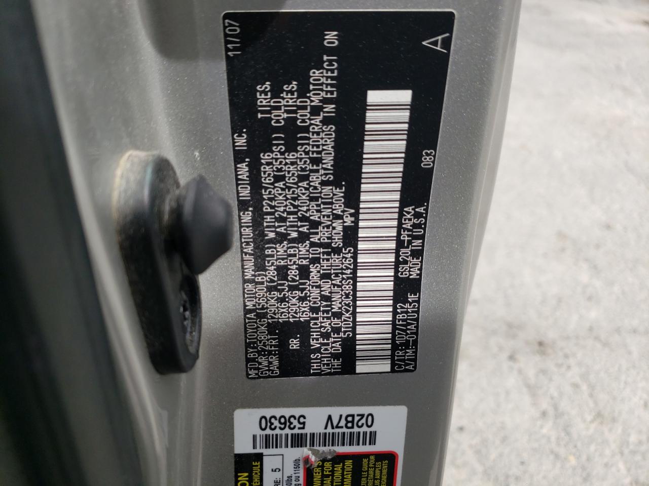Photo 10 from auction – 2008 TOYOTA SIENNA CE with VIN 5TDZK23C38S142645