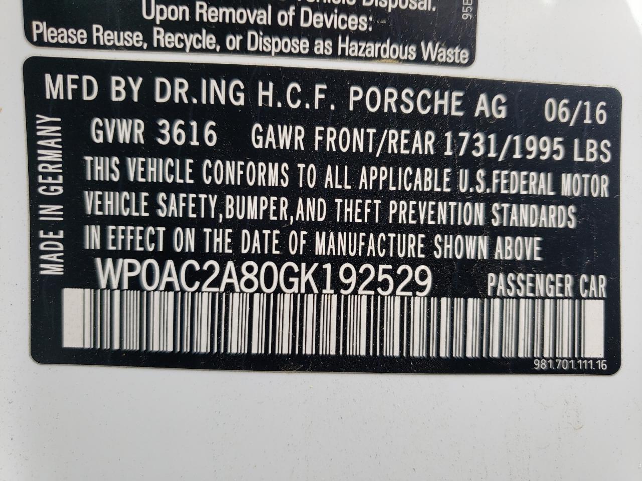 Photo 10 from auction – 2016 PORSCHE CAYMAN GT4 with VIN WP0AC2A80GK192529