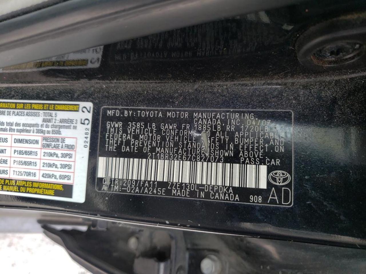 Photo 10 from auction – 2007 TOYOTA COROLLA CE with VIN 2T1BR32E67C827073