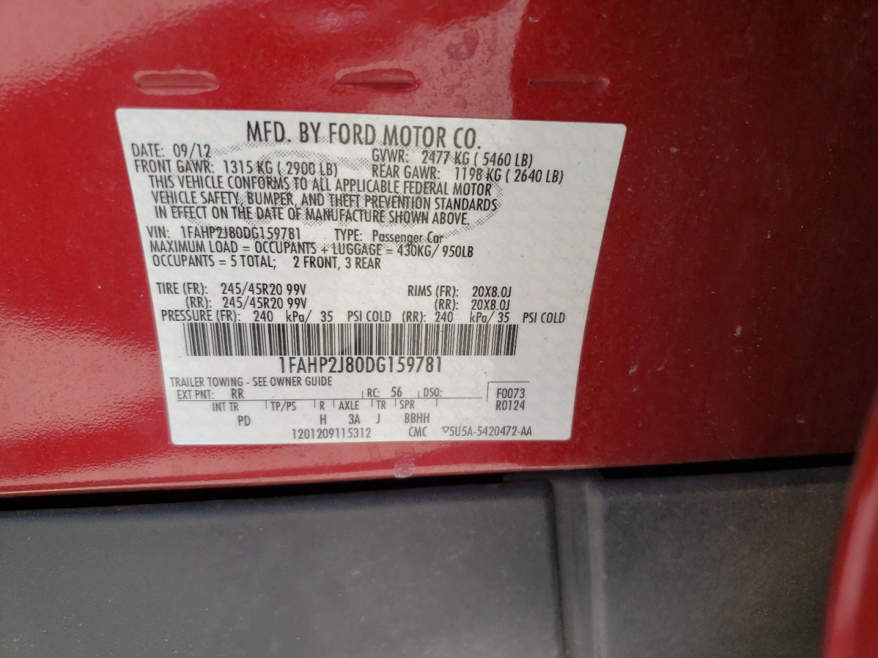 Photo 10 from auction – 2013 FORD TAURUS LIM with VIN 1FAHP2J80DG159781