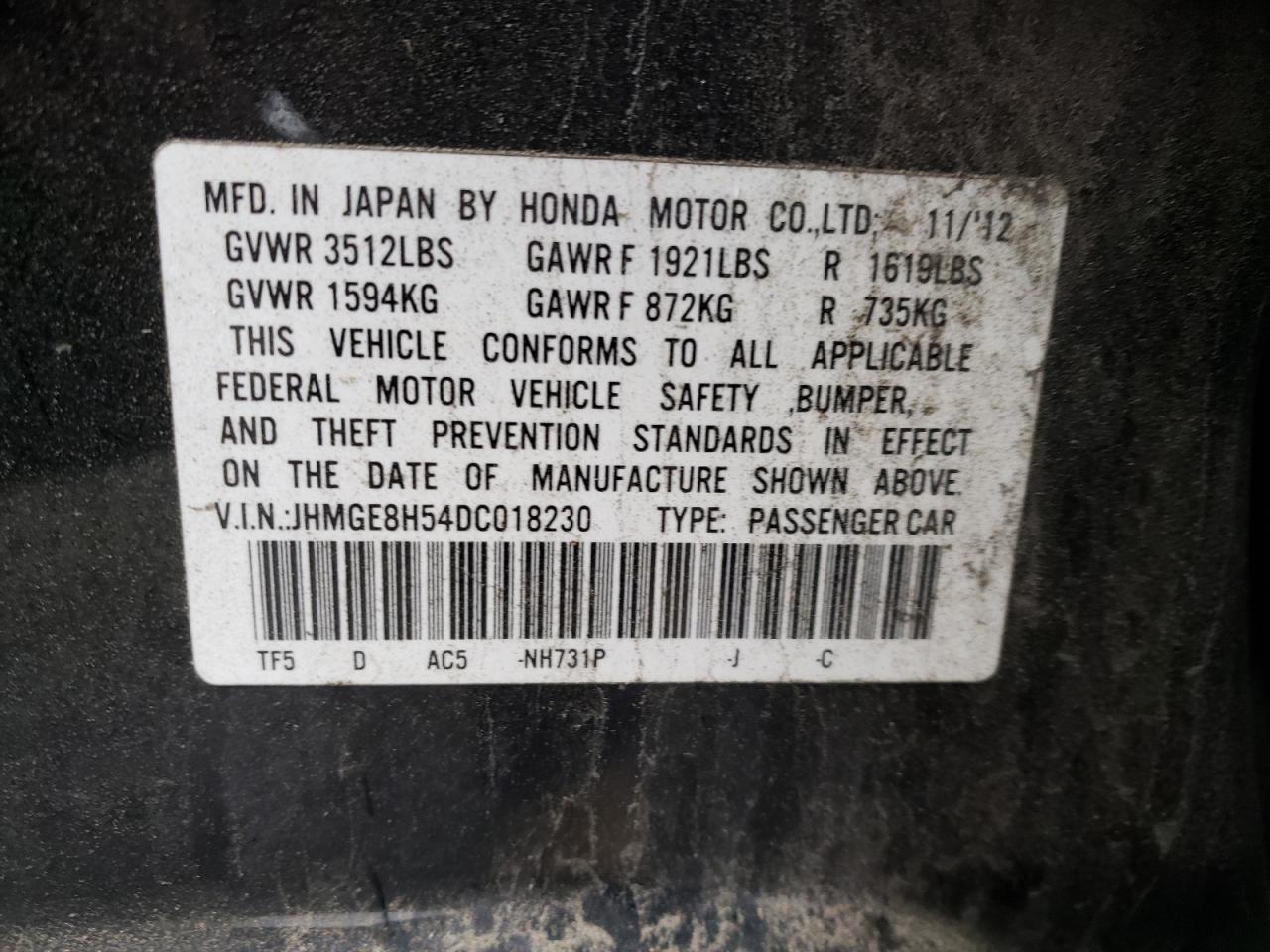 Photo 10 from auction – 2012 HONDA FIT SPORT with VIN JHMGE8H54DC018230