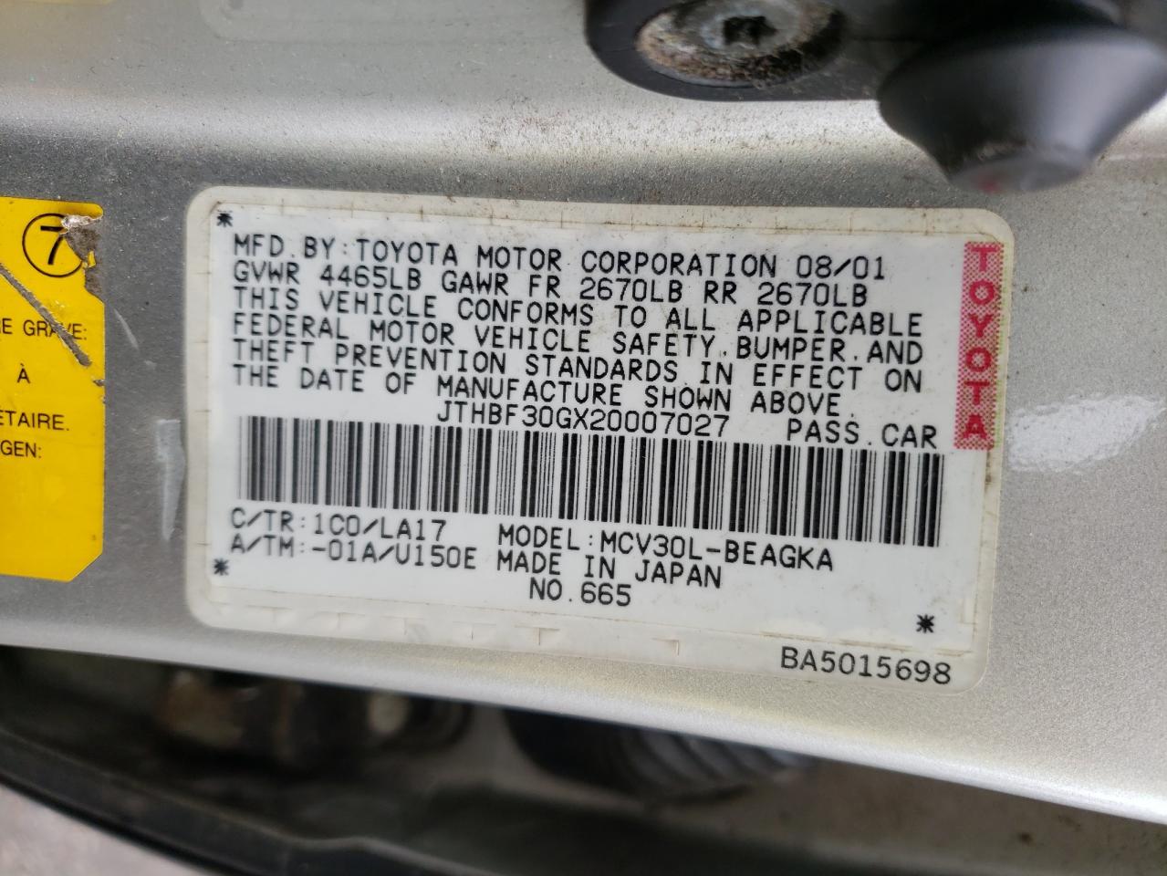 Photo 10 from auction – 2002 LEXUS ES 300 with VIN JTHBF30GX20007027