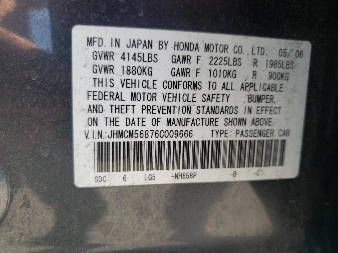 Photo 10 from auction – 2006 HONDA ACCORD EX with VIN JHMCM56876C009666