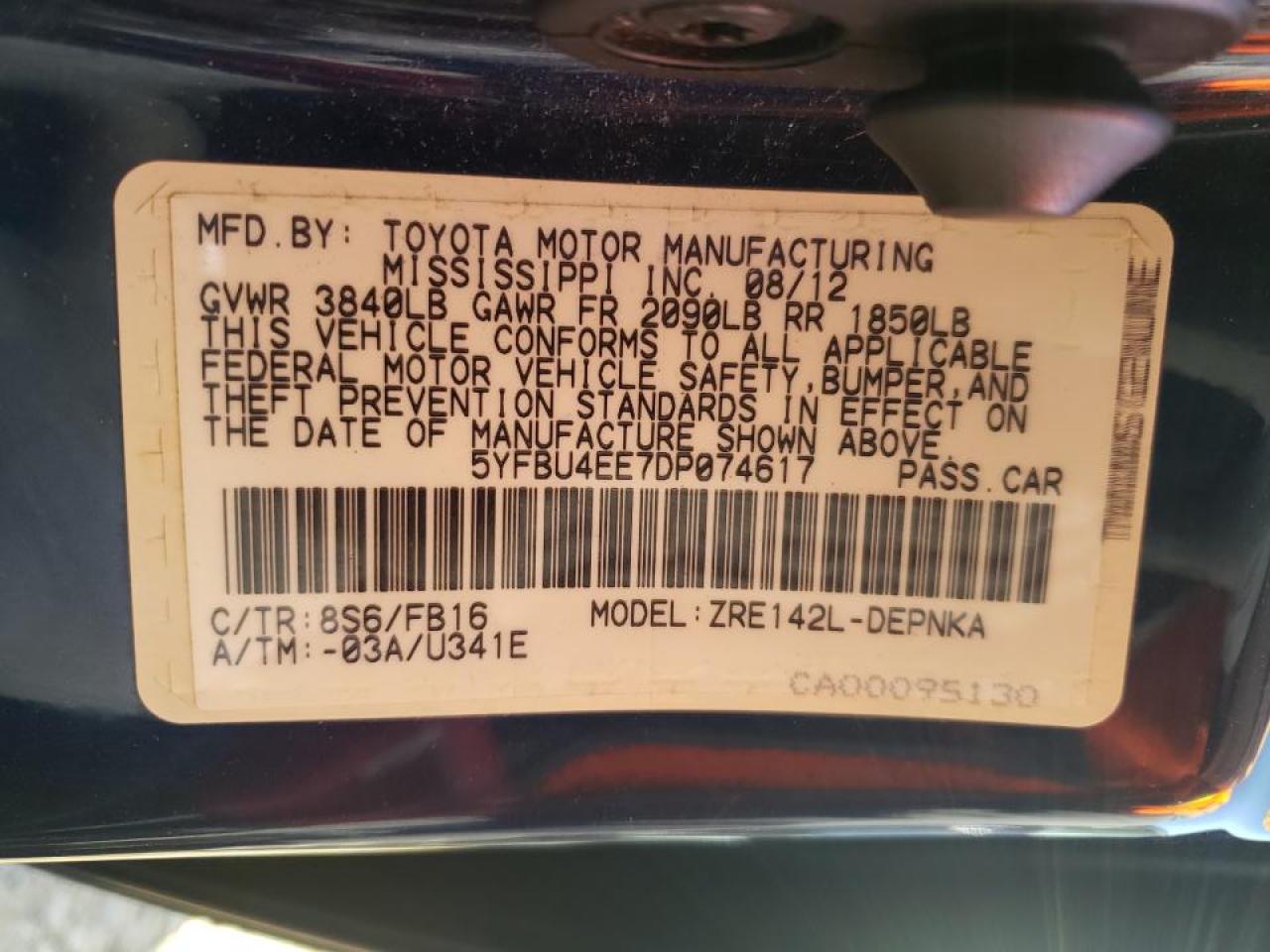 Photo 10 from auction – 2013 TOYOTA COROLLA with VIN 5YFBU4EE7DP074617