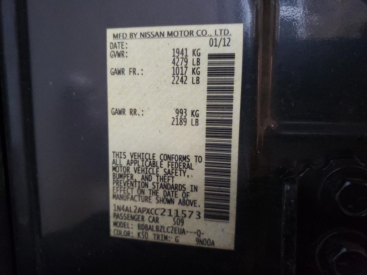 Photo 10 from auction – 2012 NISSAN ALTIMA BAS with VIN 1N4AL2APXCC211573