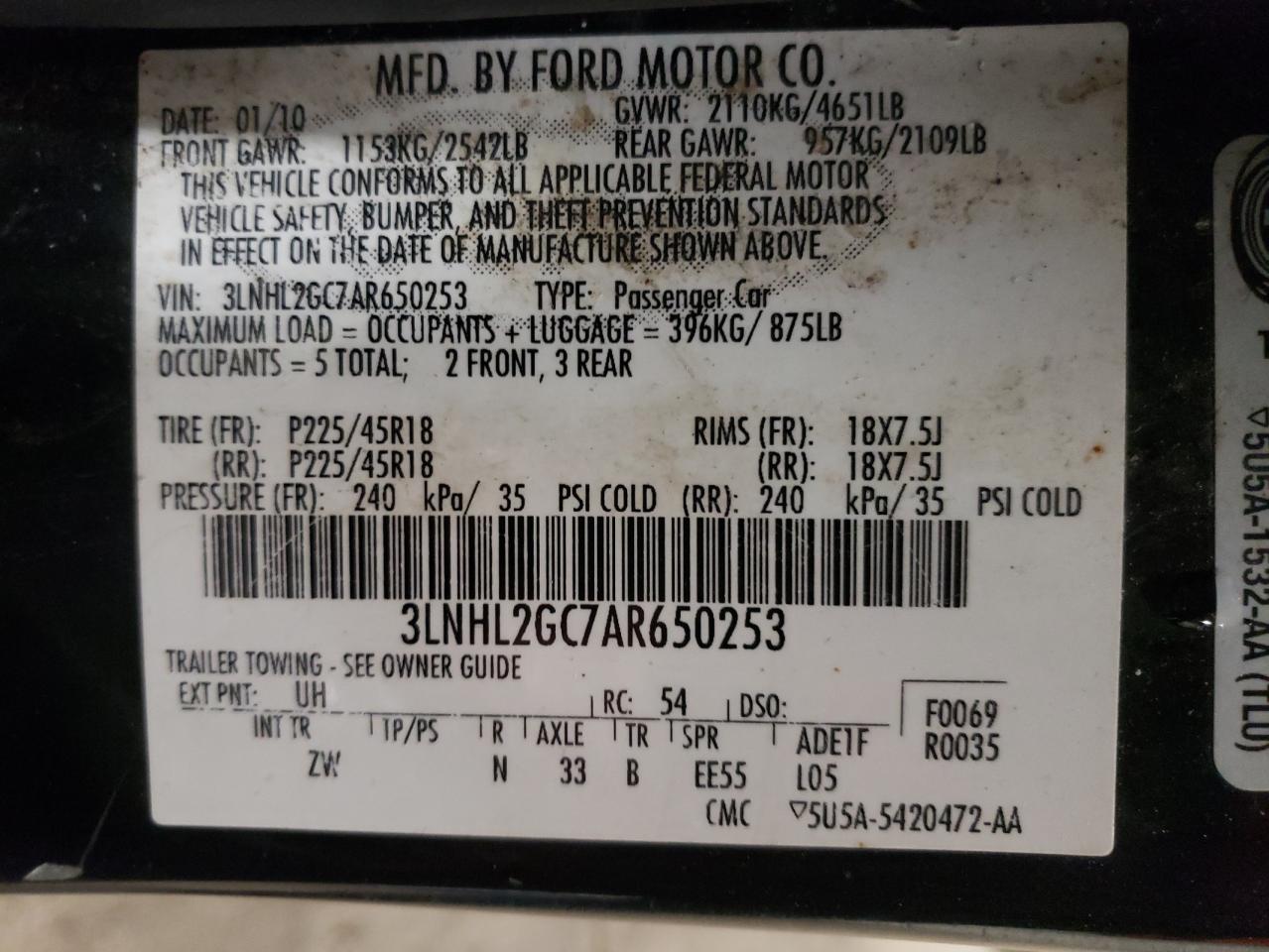 Photo 10 from auction – 2010 LINCOLN MKZ with VIN 3LNHL2GC7AR650253