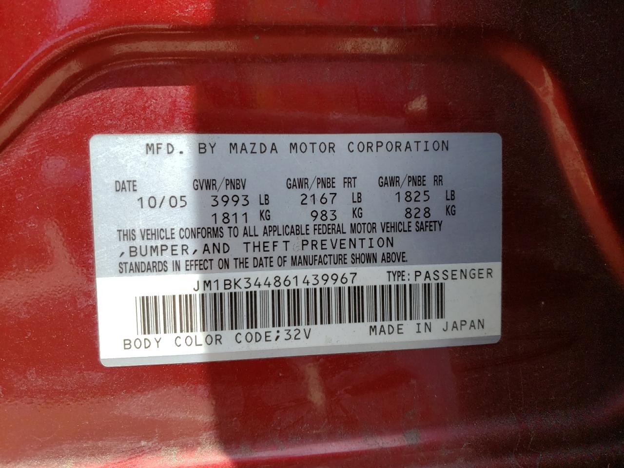 Photo 10 from auction – 2006 MAZDA 3 HATCHBAC with VIN JM1BK344861439967