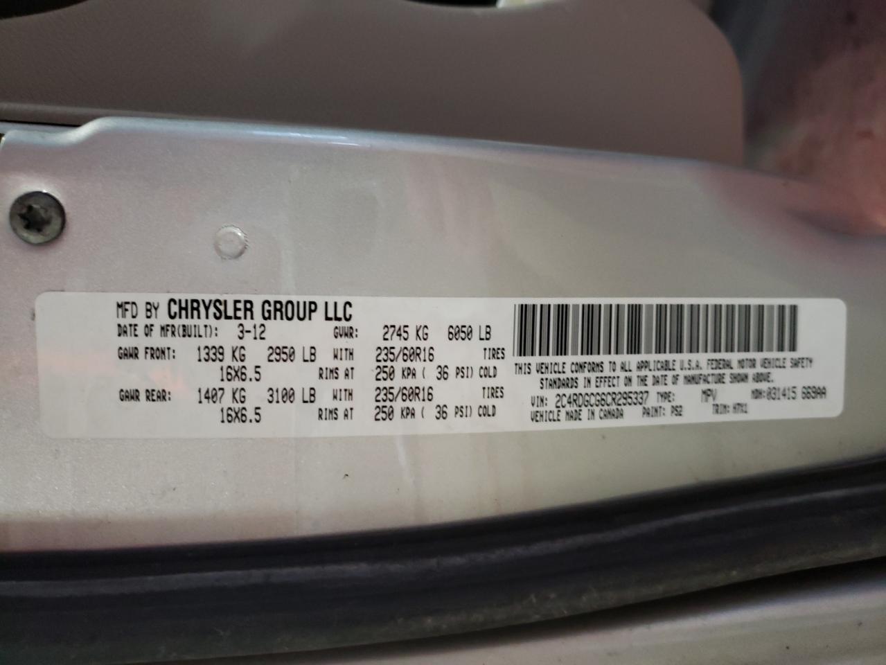 Foto 10 de la subasta – 2012 DODGE GRAND CARA con VIN 2C4RDGCG6CR295337