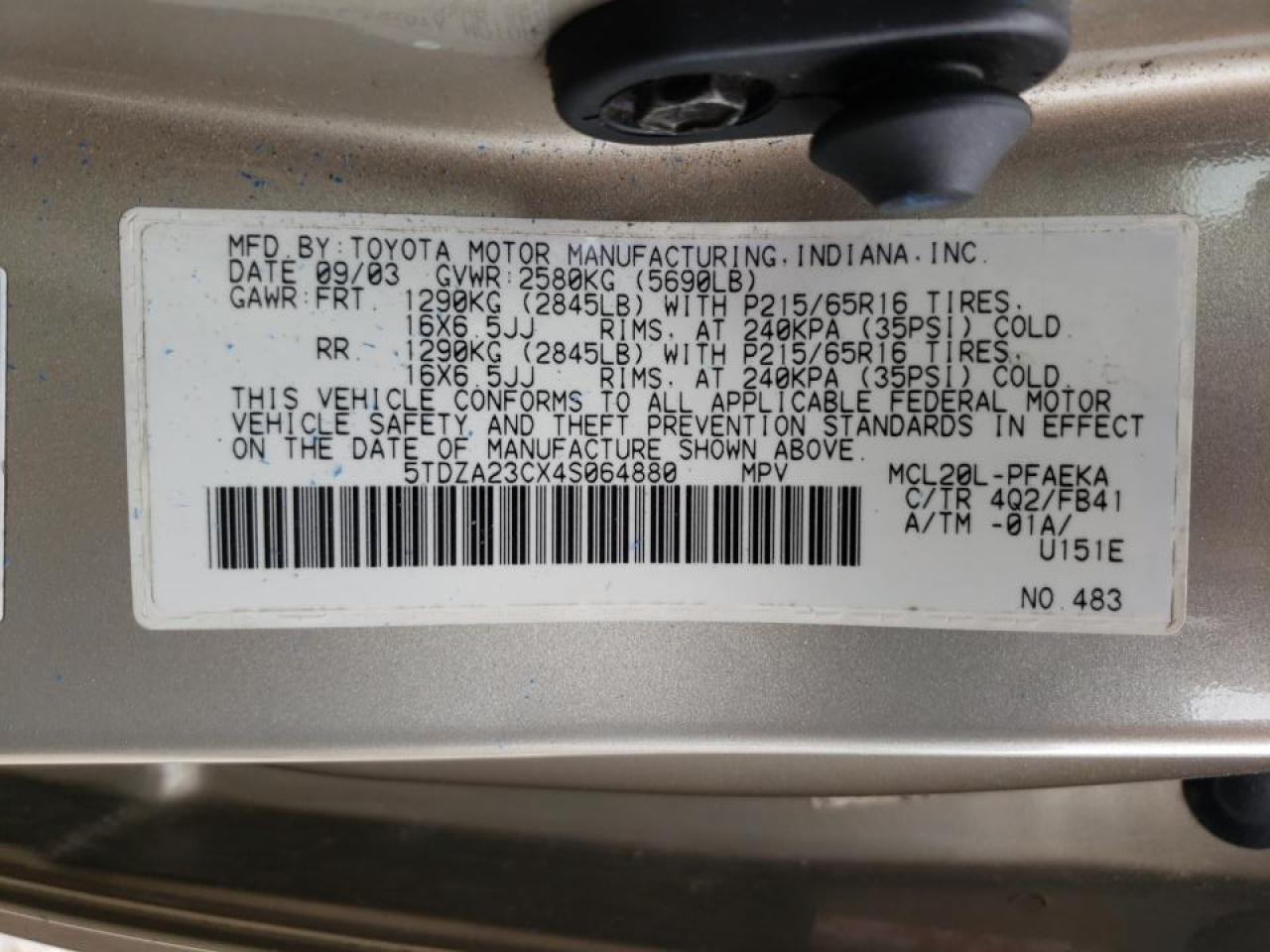 Photo 10 from auction – 2004 TOYOTA SIENNA with VIN 5TDZA23CX4S064880