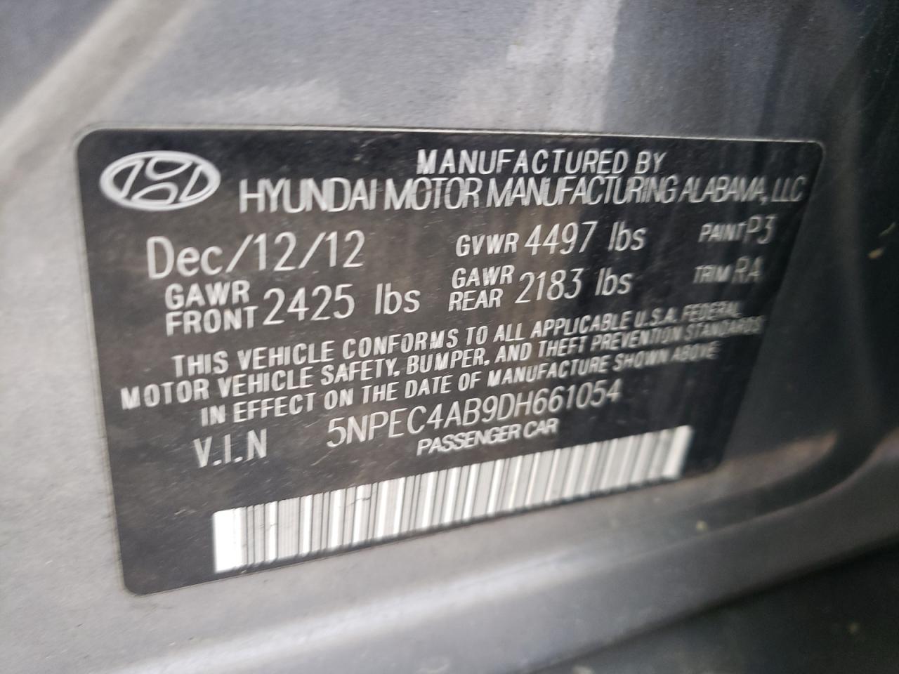 Photo 10 from auction – 2013 HYUNDAI SONATA SE with VIN 5NPEC4AB9DH661054