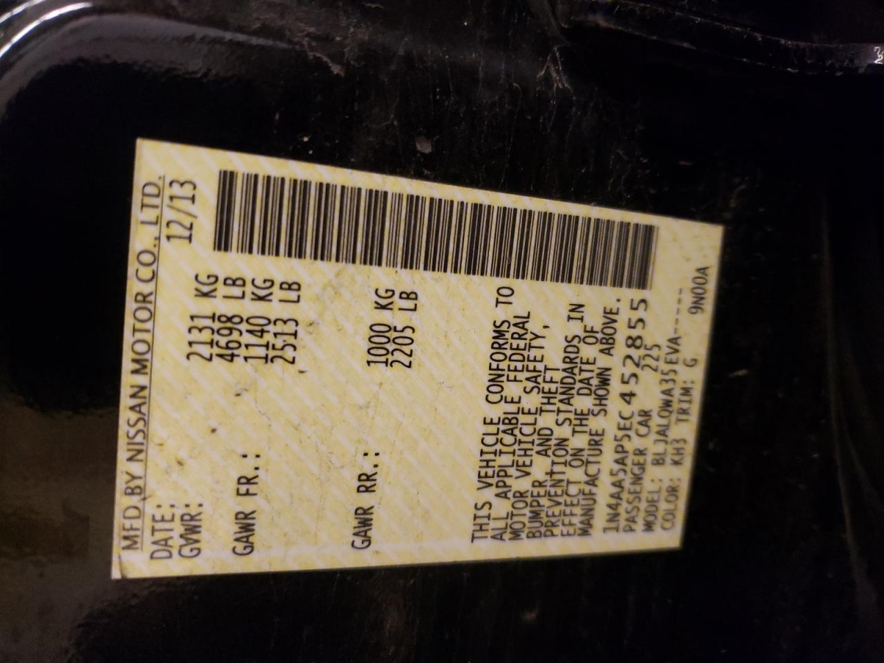 Photo 10 from auction – 2014 NISSAN MAXIMA S with VIN 1N4AA5AP5EC452855