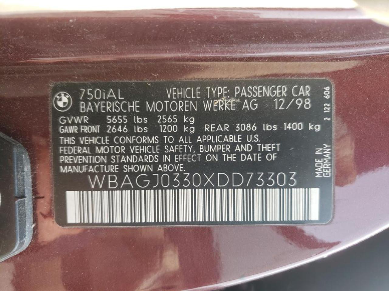 Photo 10 from auction – 1999 BMW 750 IL with VIN WBAGJ0330XDD73303
