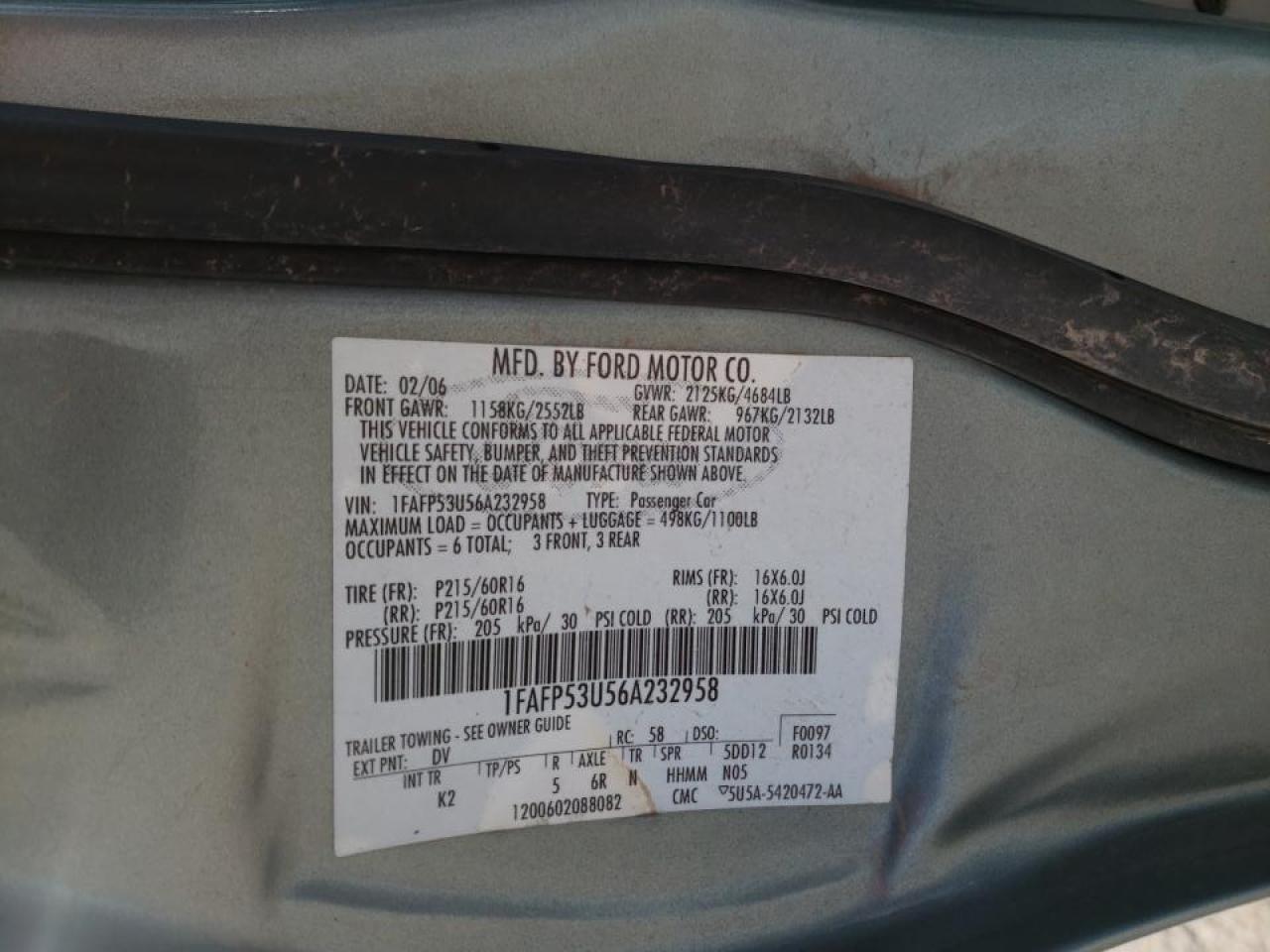 Photo 10 from auction – 2006 FORD TAURUS SE with VIN 1FAFP53U56A232958