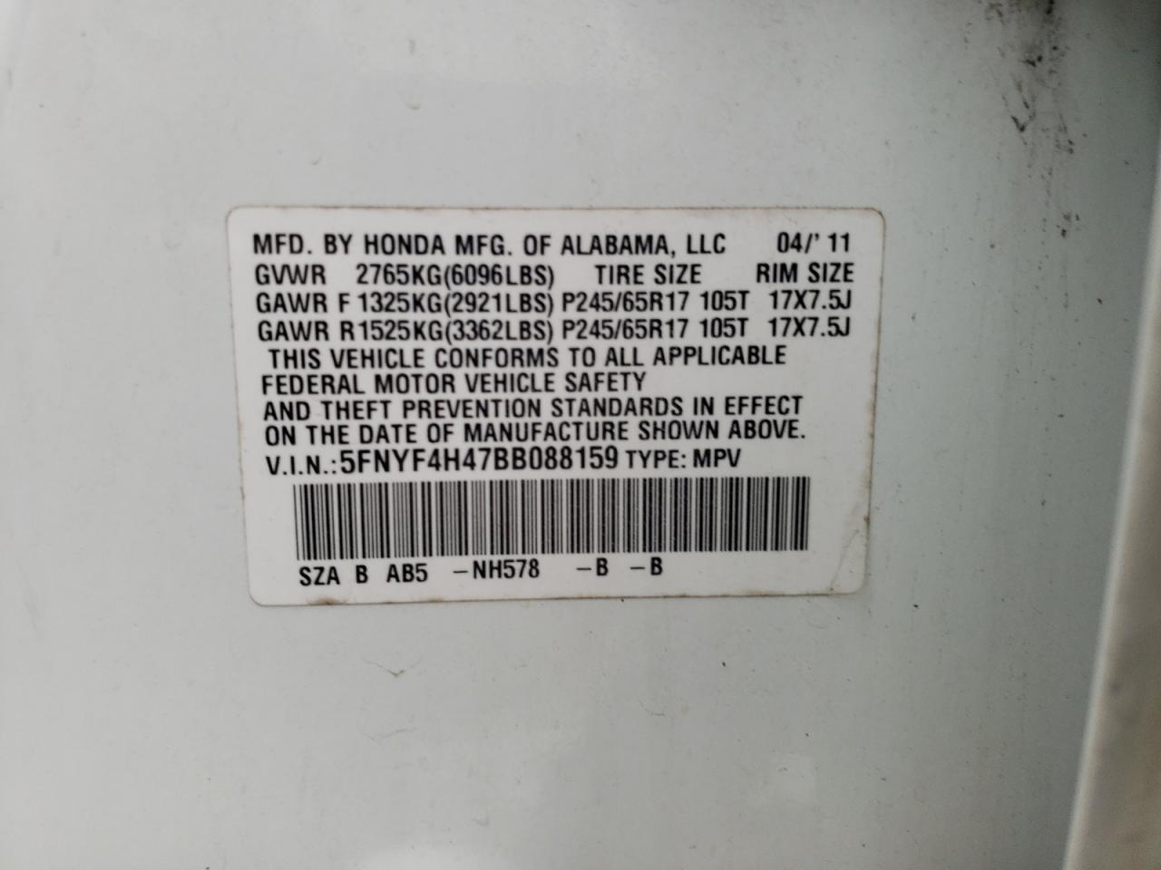 Photo 10 from auction – 2011 HONDA PILOT EX with VIN 5FNYF4H47BB088159