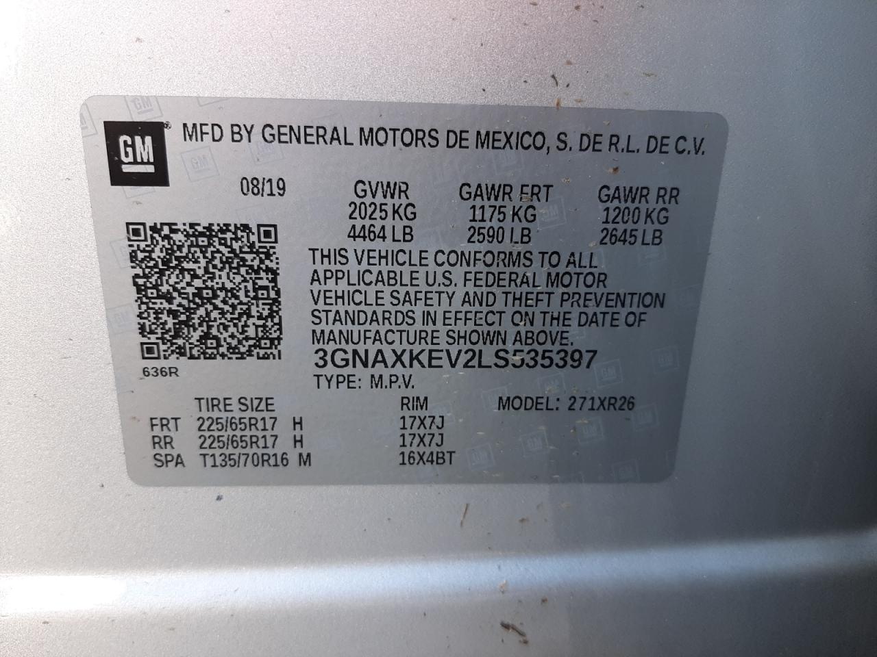 Photo 10 from auction – 2020 CHEVROLET EQUINOX LT with VIN 3GNAXKEV2LS535397